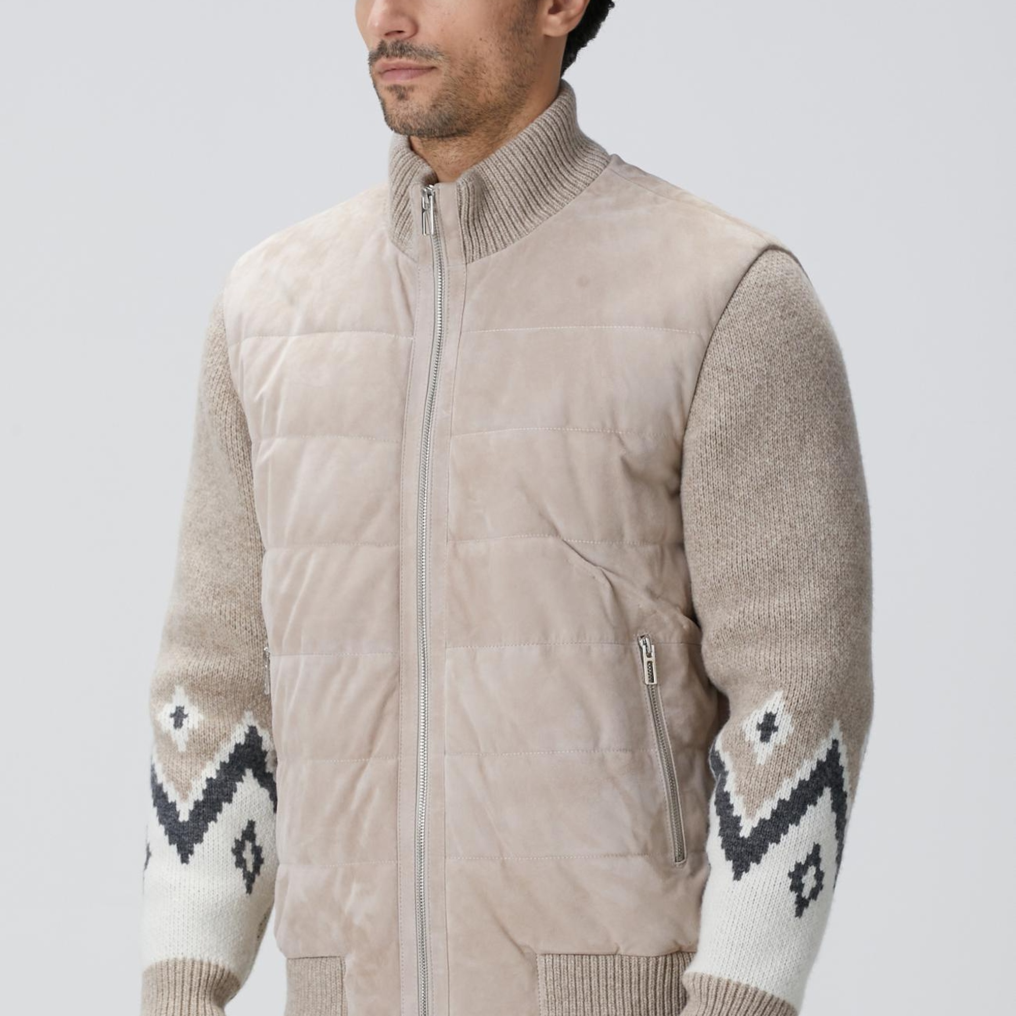 Network Erkek Bej Triko Detaylı Deri Mont