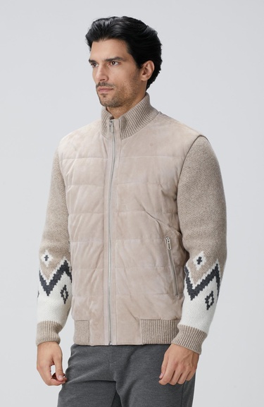  Network Erkek Bej Triko Detaylı Deri Mont