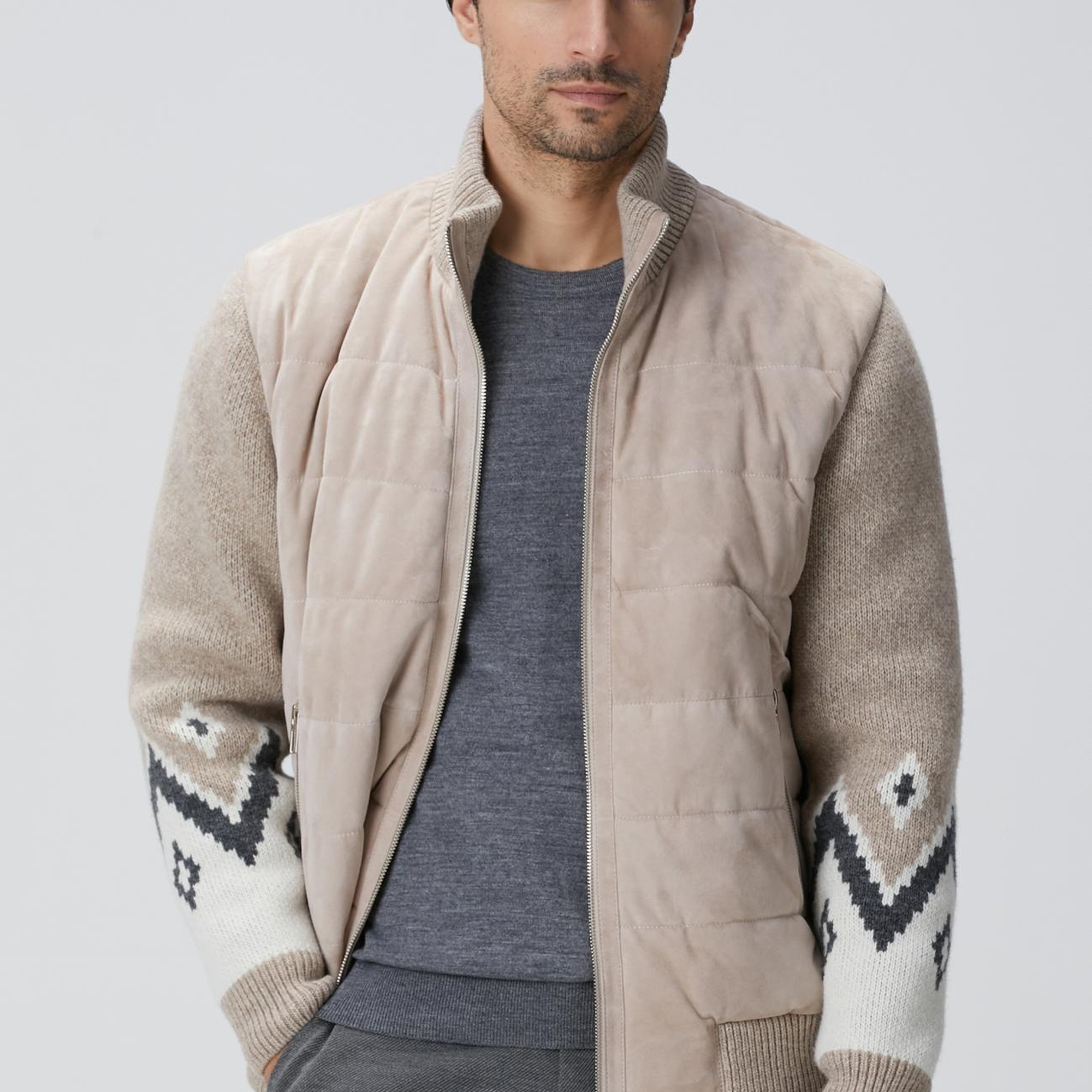 Network Erkek Bej Triko Detaylı Deri Mont