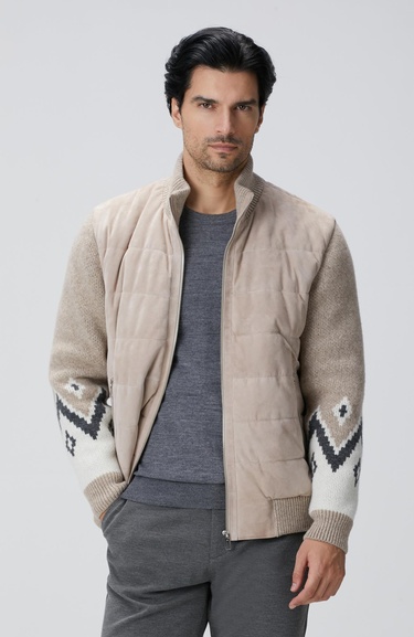  Network Erkek Bej Triko Detaylı Deri Mont