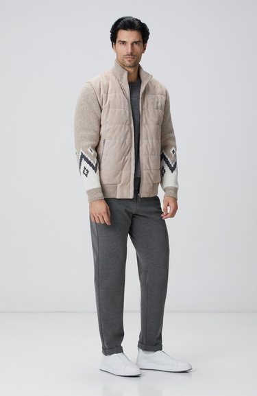  Network Erkek Bej Triko Detaylı Deri Mont