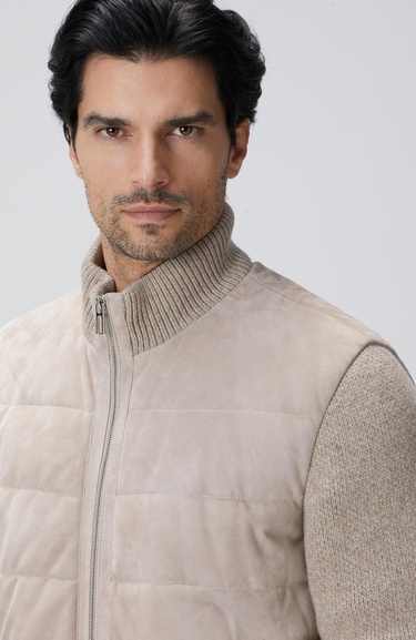  Network Erkek Bej Triko Detaylı Deri Mont