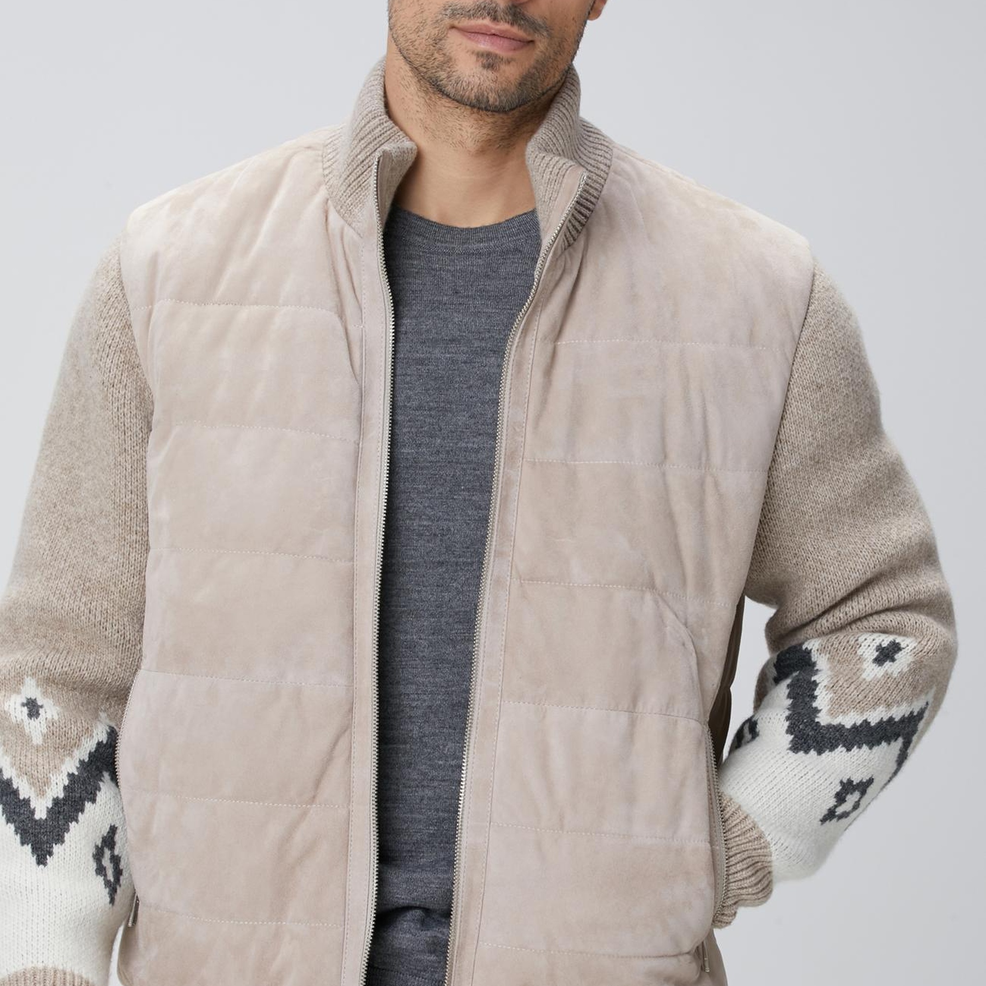 Network Erkek Bej Triko Detaylı Deri Mont