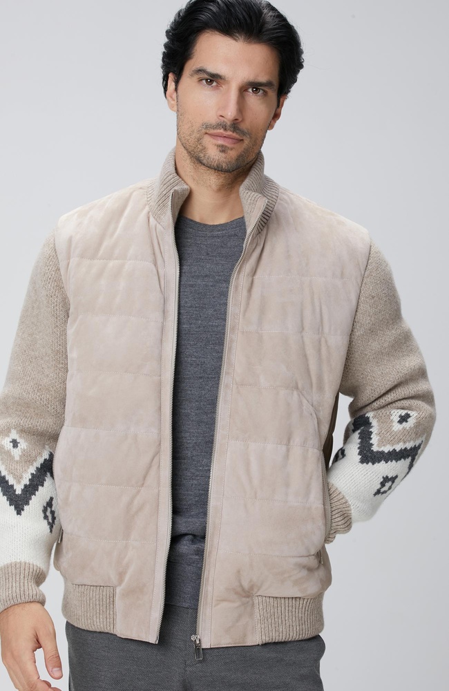  Network Erkek Bej Triko Detaylı Deri Mont