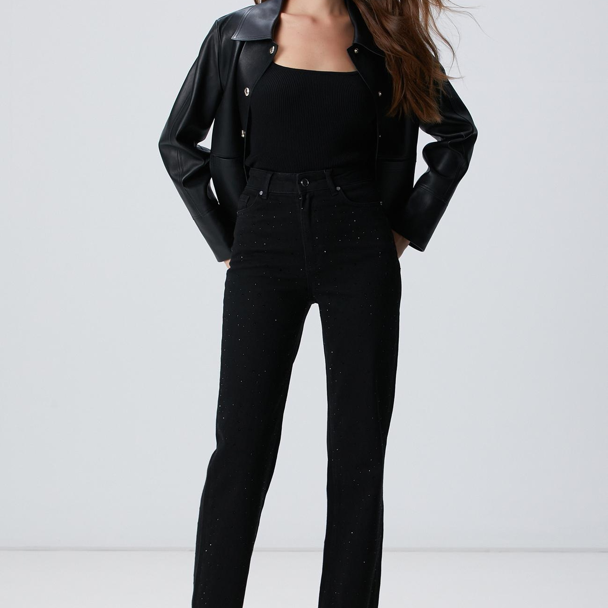 Network Kadın Siyah Geniş Paça Taşlı Pantolon