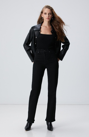  Network Kadın Siyah Geniş Paça Taşlı Pantolon