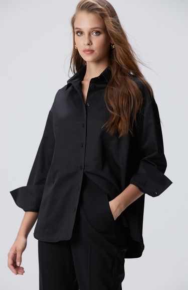 Network Kadın Siyah Roba Dikiş Detaylı Oversized Gömlek