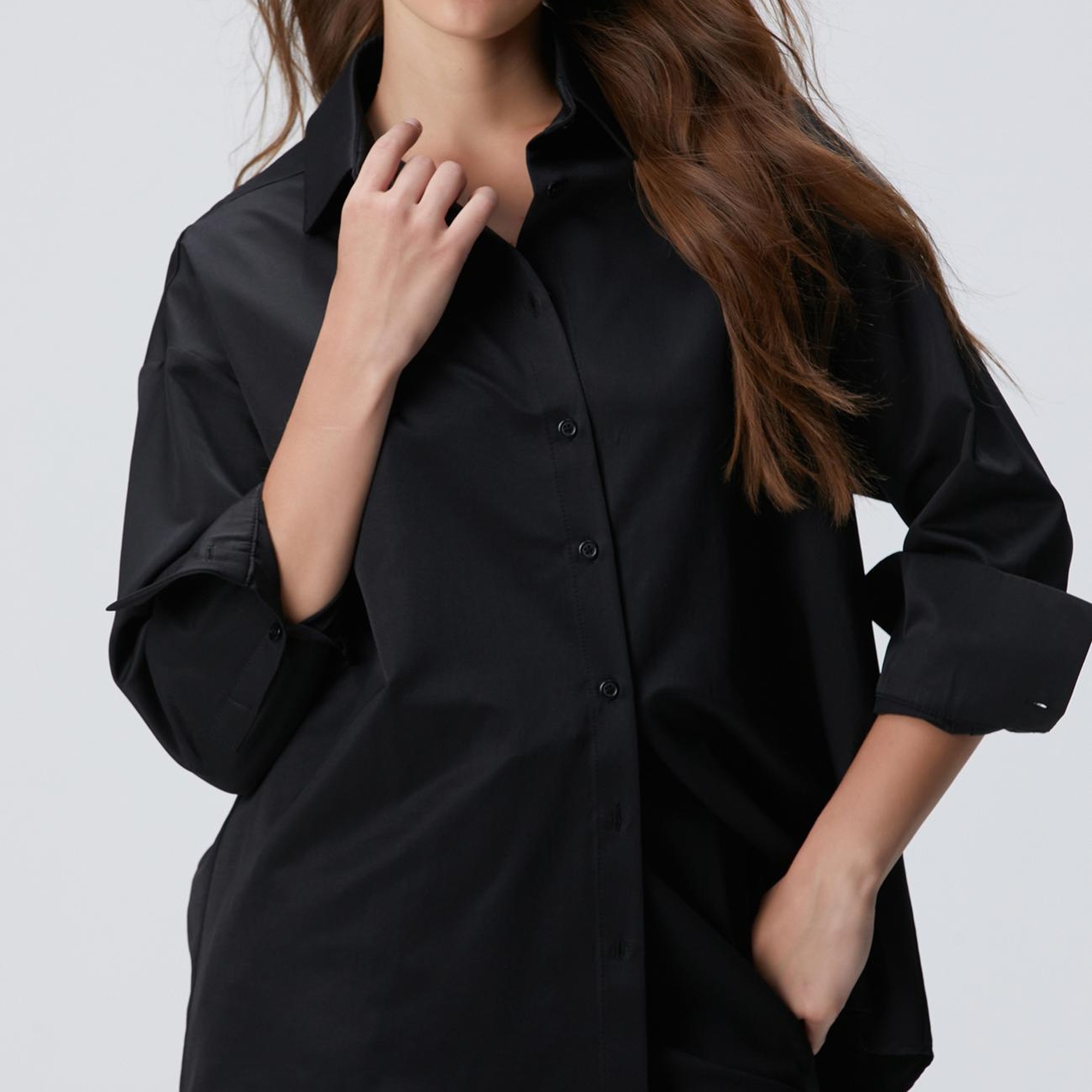 Network Kadın Siyah Roba Dikiş Detaylı Oversized Gömlek