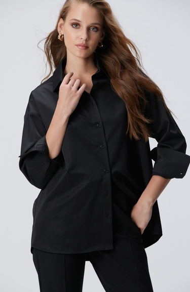  Network Kadın Siyah Roba Dikiş Detaylı Oversized Gömlek