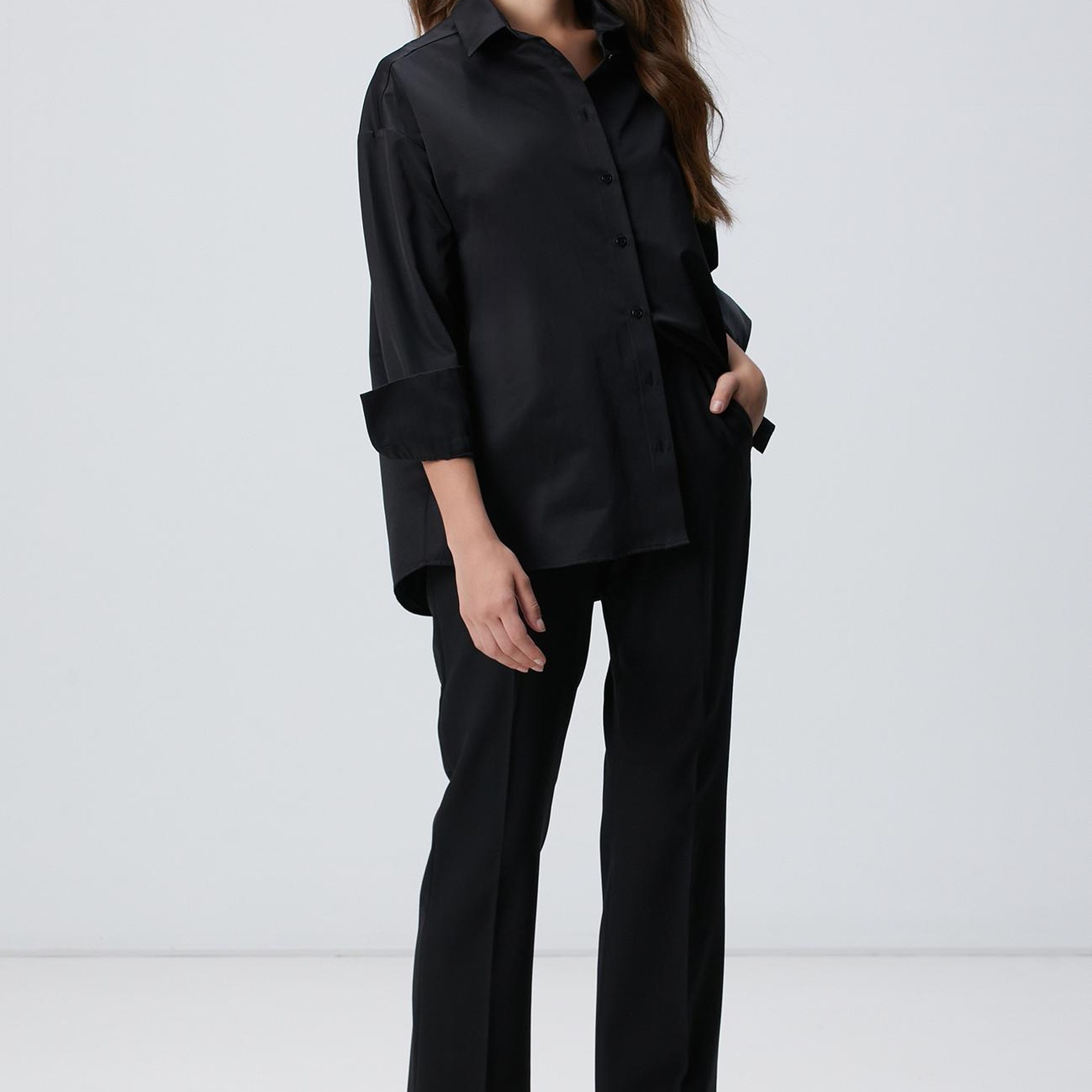 Network Kadın Siyah Roba Dikiş Detaylı Oversized Gömlek