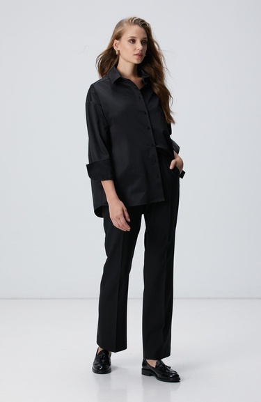  Network Kadın Siyah Roba Dikiş Detaylı Oversized Gömlek
