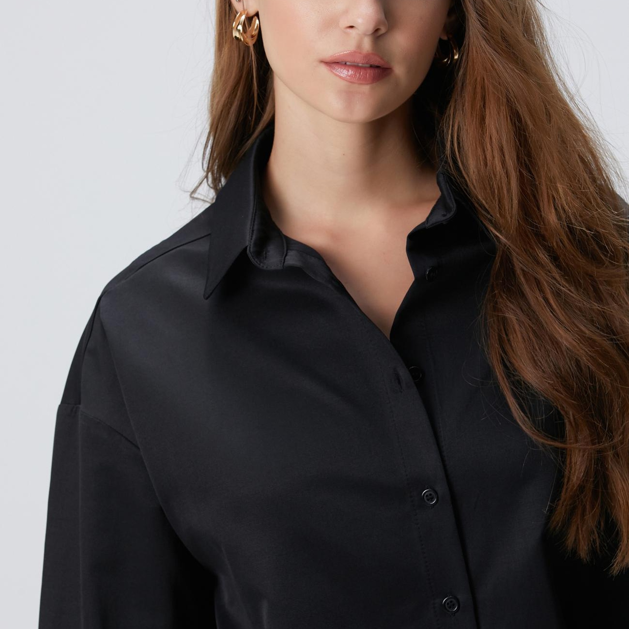 Network Kadın Siyah Roba Dikiş Detaylı Oversized Gömlek