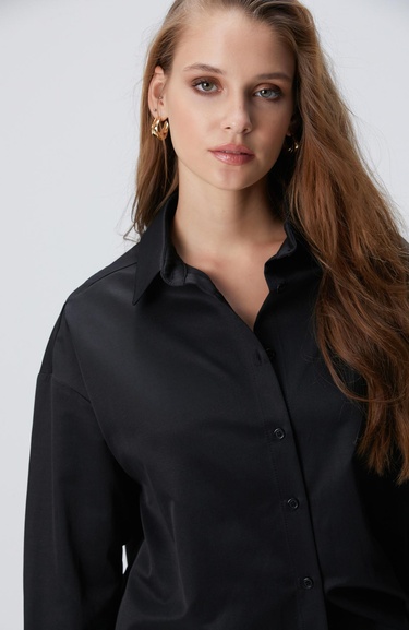  Network Kadın Siyah Roba Dikiş Detaylı Oversized Gömlek