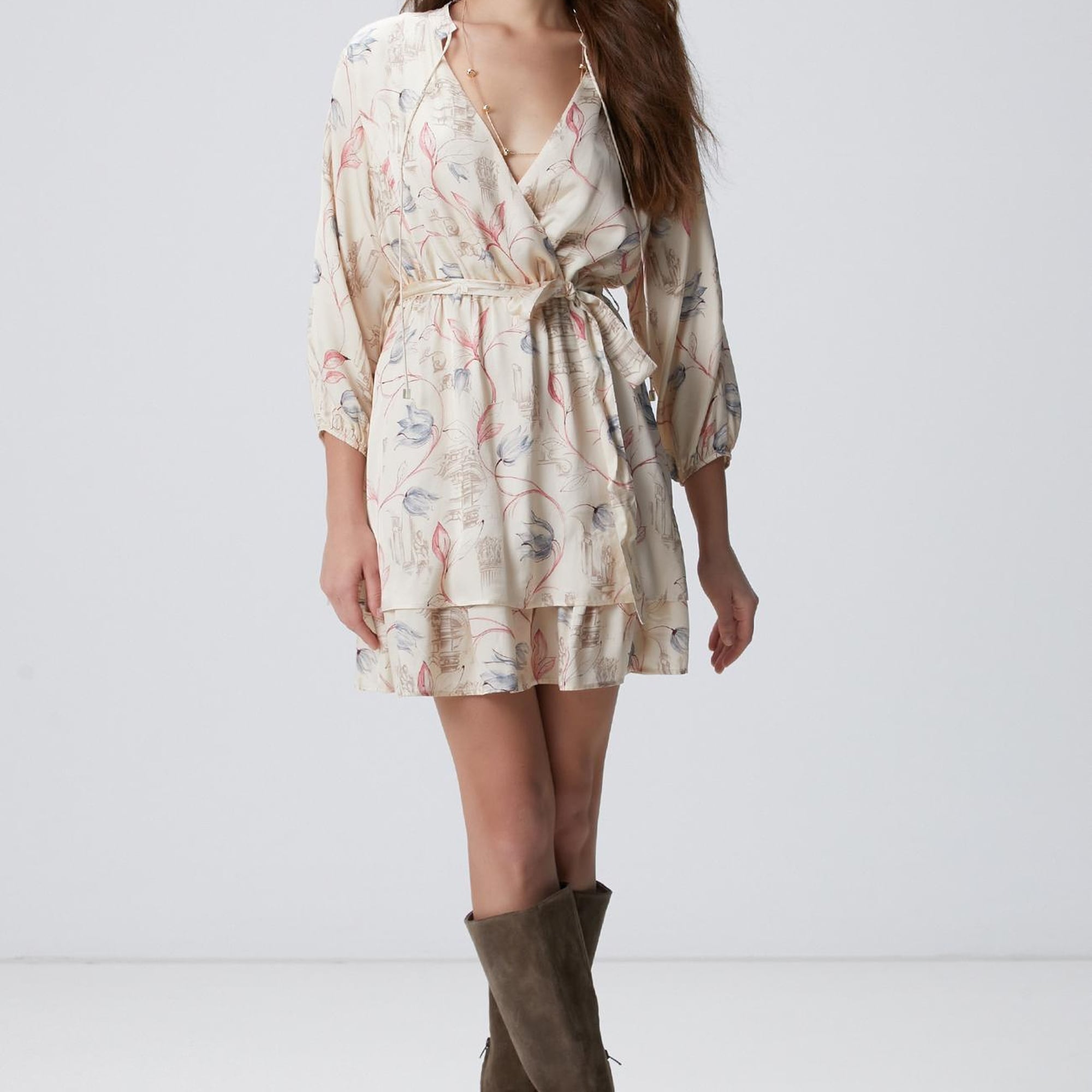 Network Kadın Açık Bej Desenli Mini Elbise