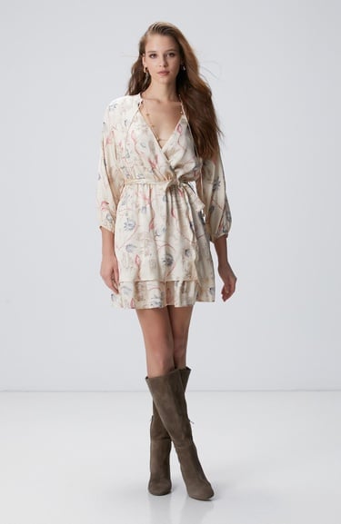 Network Kadın Açık Bej Desenli Mini Elbise