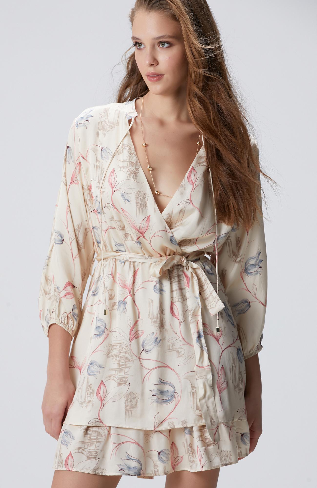  Network Kadın Açık Bej Desenli Mini Elbise