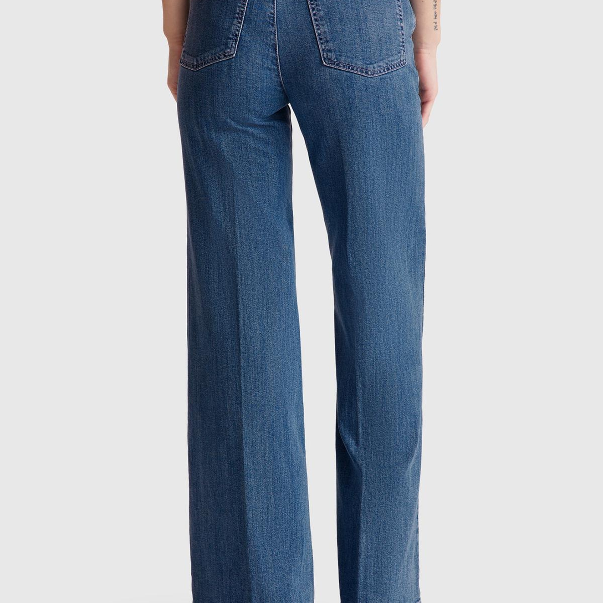 Kadın Mavi Pamuk Karışımlı Cep Detaylı Geniş Paça Denim Pantolon