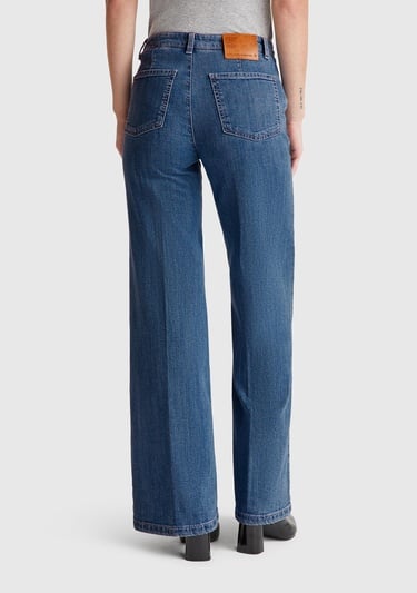  Kadın Mavi Pamuk Karışımlı Cep Detaylı Geniş Paça Denim Pantolon