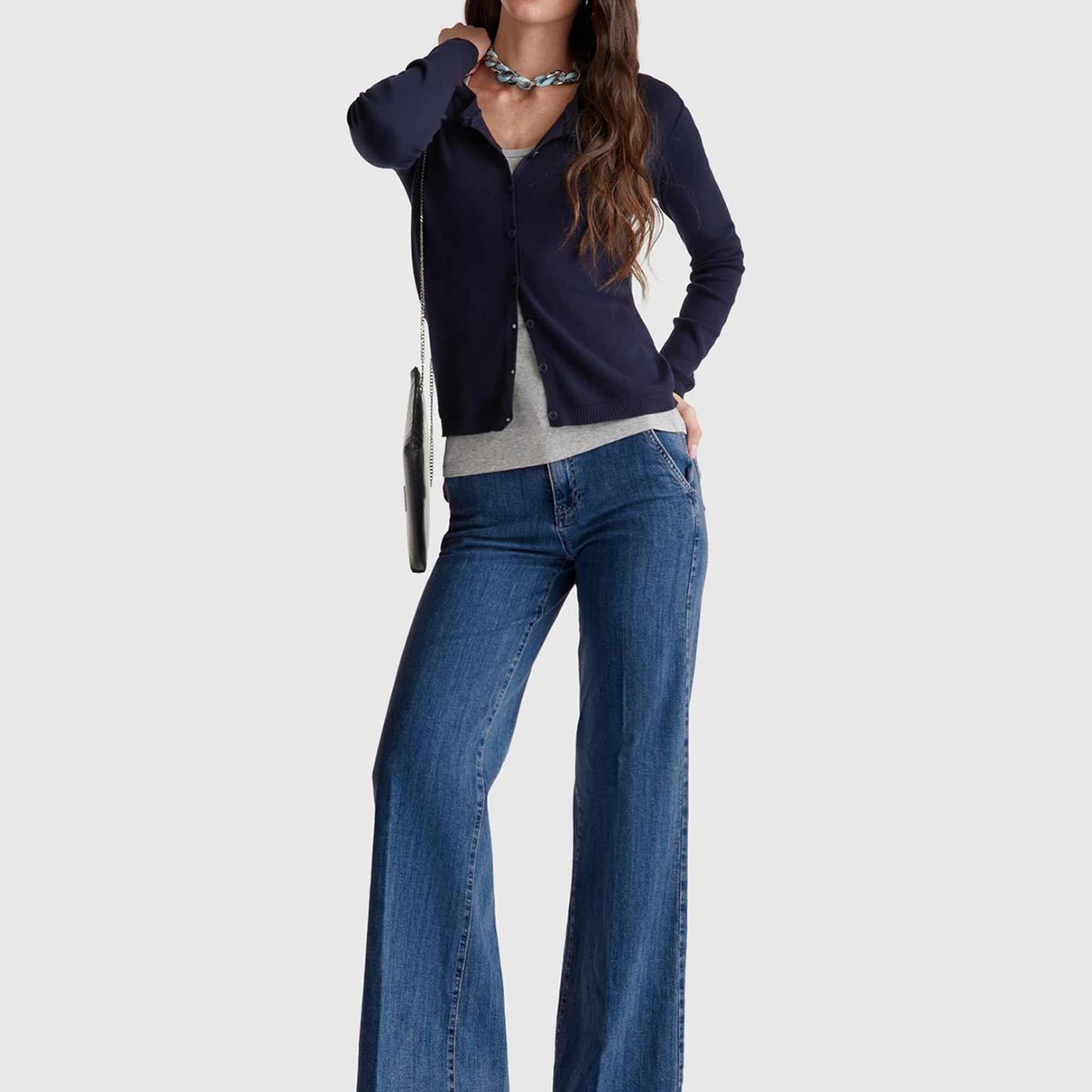 Kadın Mavi Pamuk Karışımlı Cep Detaylı Geniş Paça Denim Pantolon