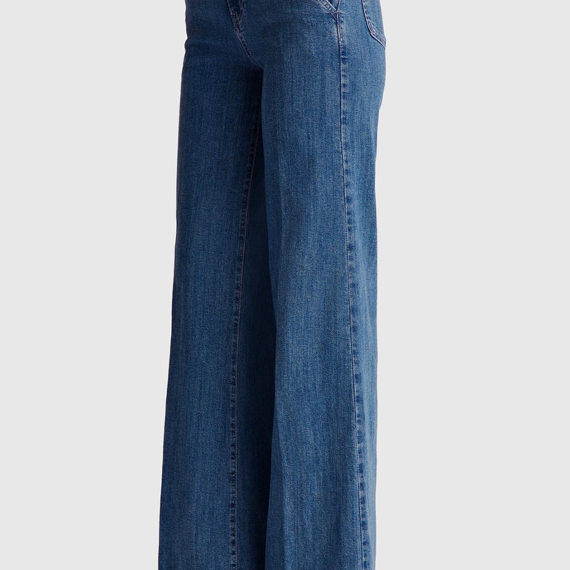 Kadın Mavi Pamuk Karışımlı Cep Detaylı Geniş Paça Denim Pantolon