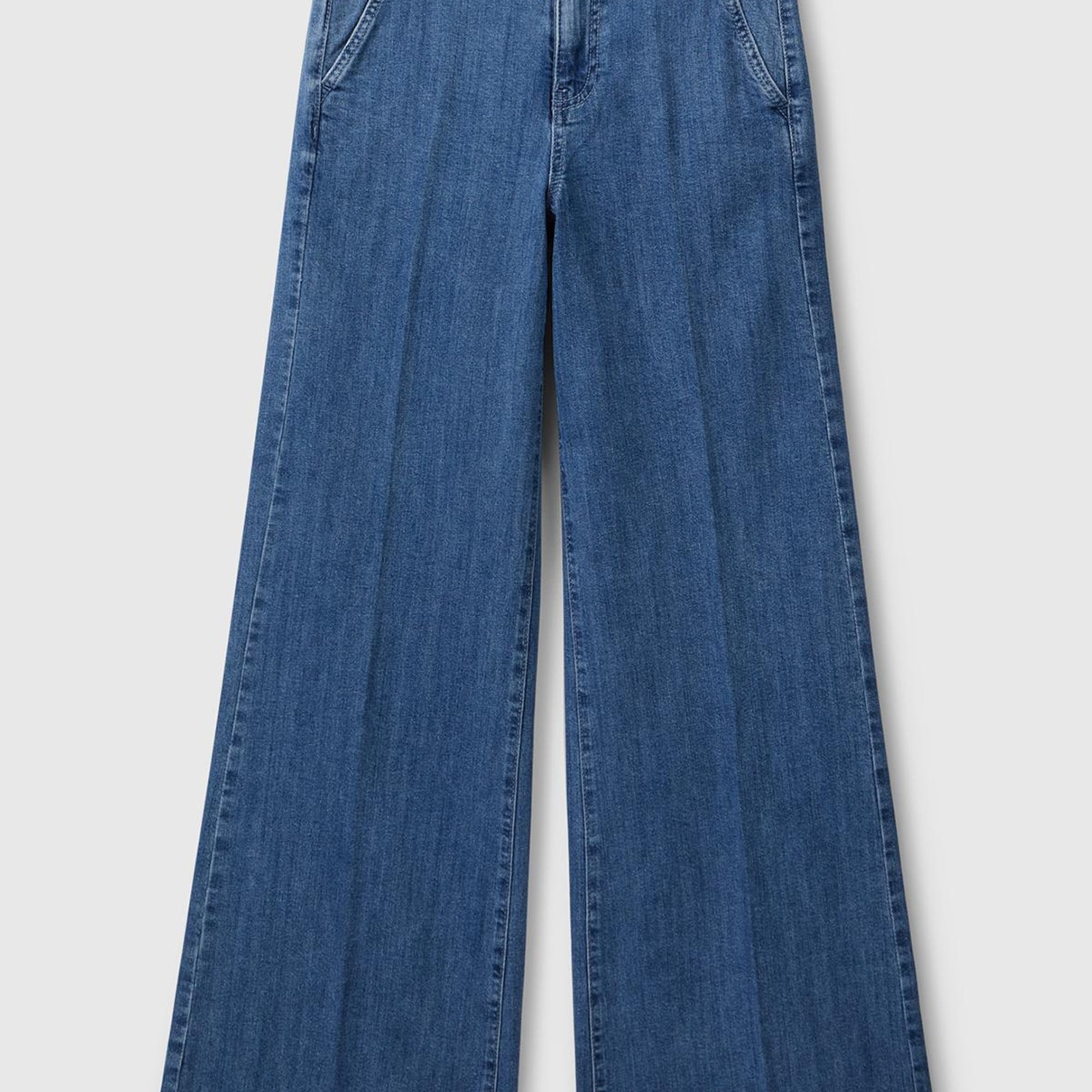 Kadın Mavi Pamuk Karışımlı Cep Detaylı Geniş Paça Denim Pantolon