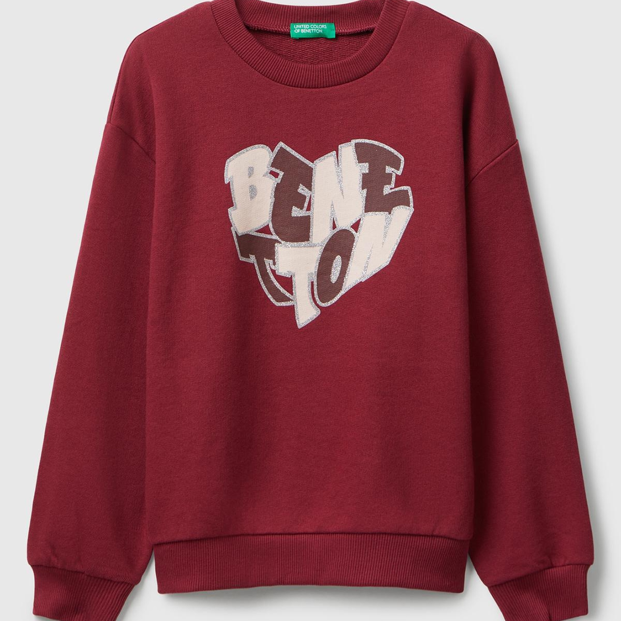 Kız Çocuk Bordo Parıltılı Logo Baskılı Ribanalı Bisiklet Yaka Sweatshirt