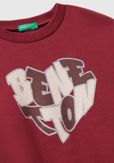  Kız Çocuk Bordo Parıltılı Logo Baskılı Ribanalı Bisiklet Yaka Sweatshirt