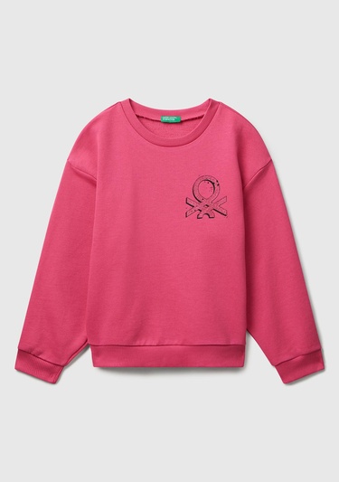  Kız Çocuk Pembe Parıltılı Logo Baskılı Ribanalı Bisiklet Yaka Sweatshirt