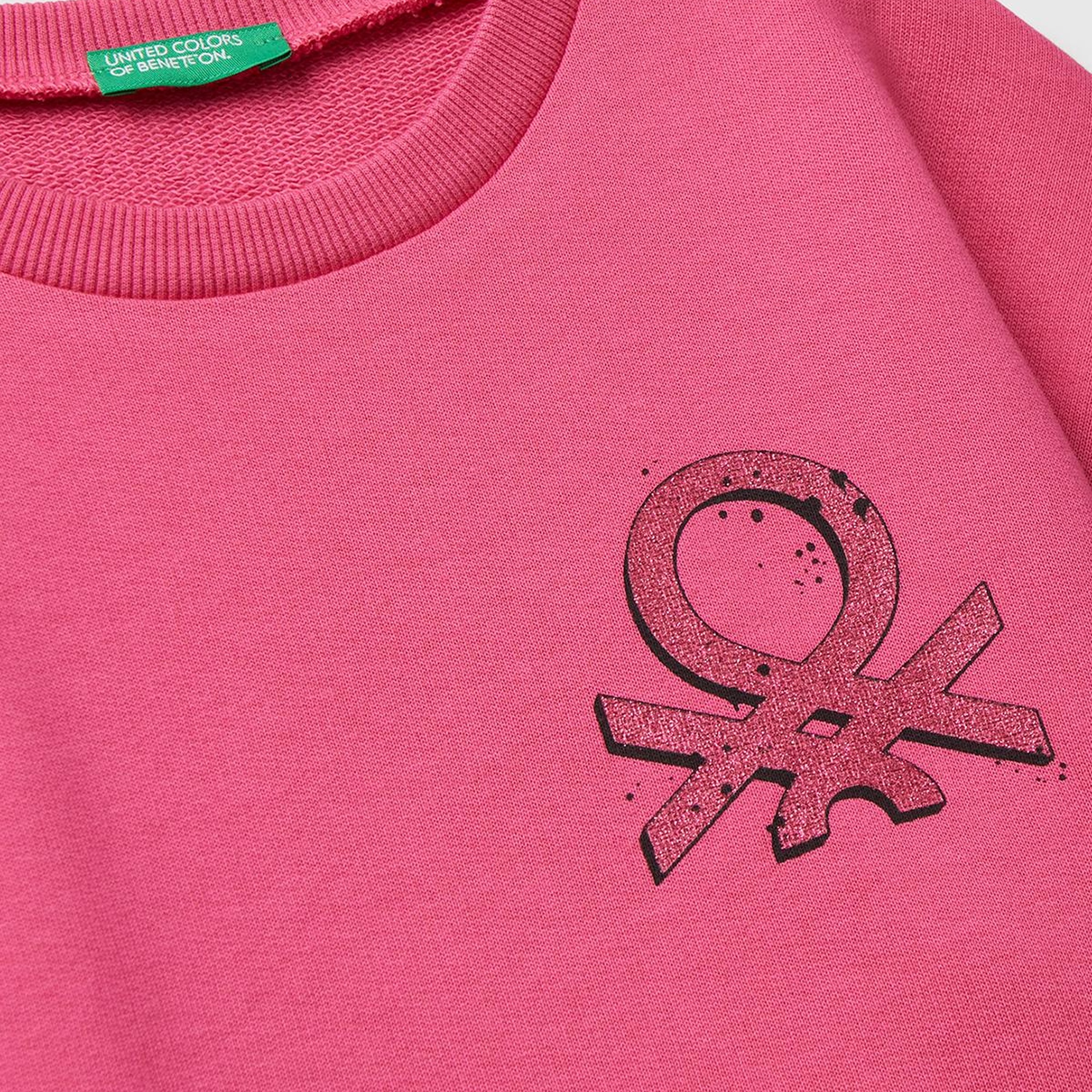 Kız Çocuk Pembe Parıltılı Logo Baskılı Ribanalı Bisiklet Yaka Sweatshirt