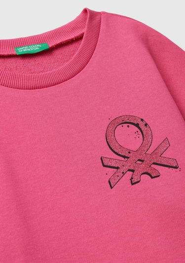  Kız Çocuk Pembe Parıltılı Logo Baskılı Ribanalı Bisiklet Yaka Sweatshirt