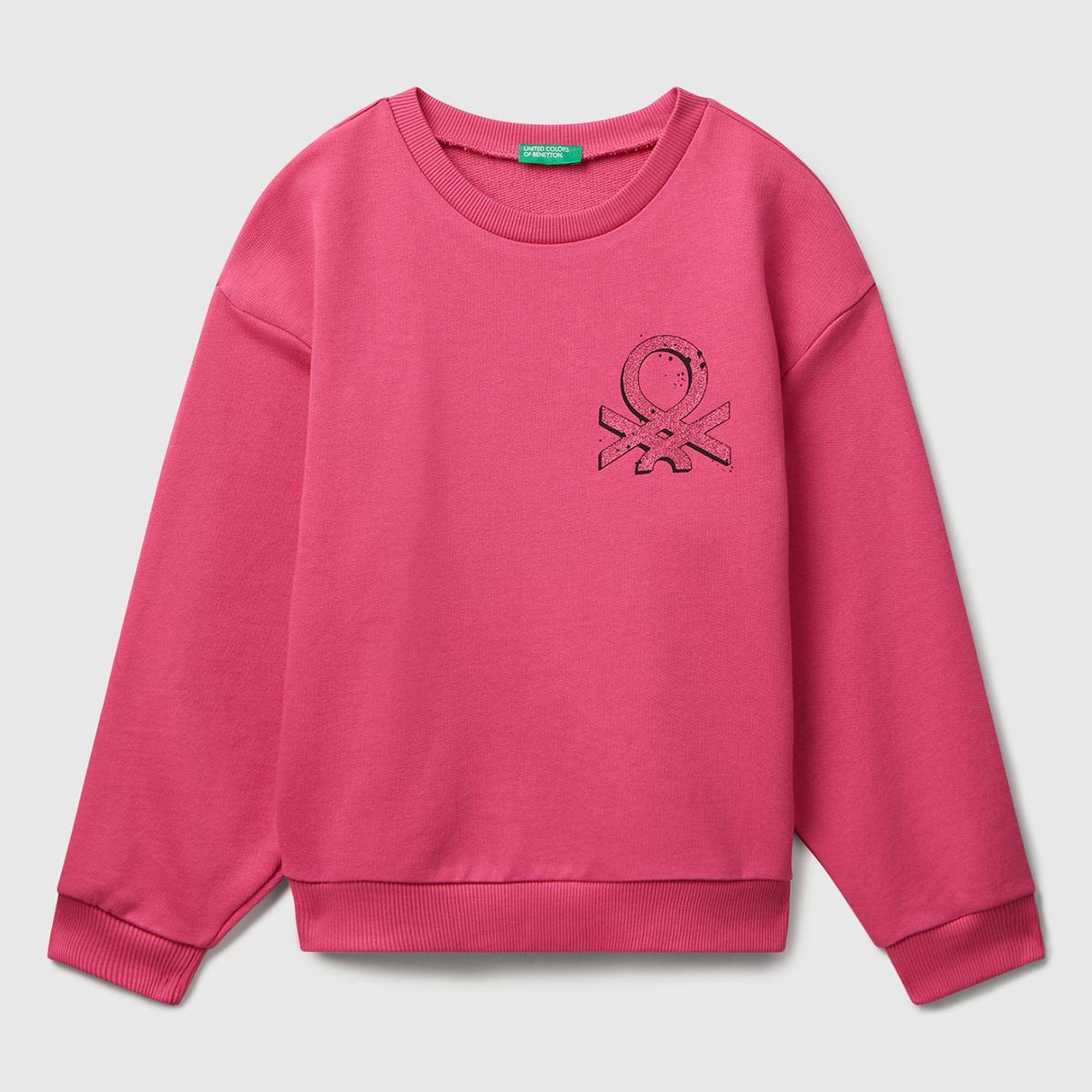 Kız Çocuk Pembe Parıltılı Logo Baskılı Ribanalı Bisiklet Yaka Sweatshirt
