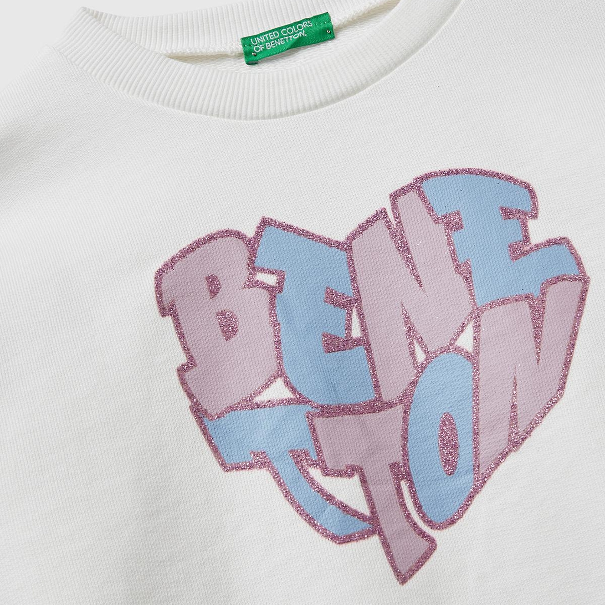 Kız Çocuk Ekru Parıltılı Logo Baskılı Ribanalı Bisiklet Yaka Sweatshirt