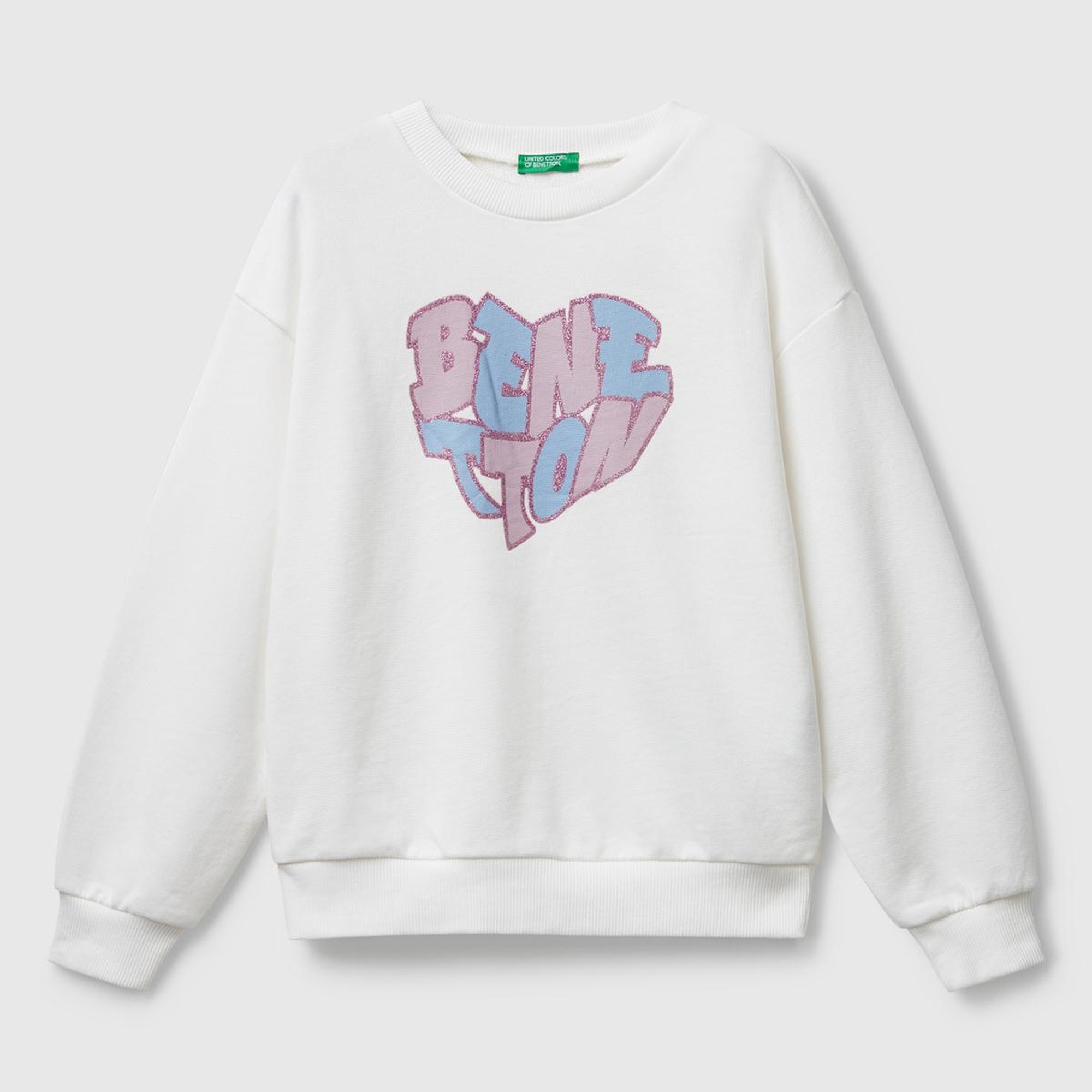 Kız Çocuk Ekru Parıltılı Logo Baskılı Ribanalı Bisiklet Yaka Sweatshirt