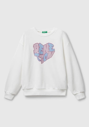  Kız Çocuk Ekru Parıltılı Logo Baskılı Ribanalı Bisiklet Yaka Sweatshirt