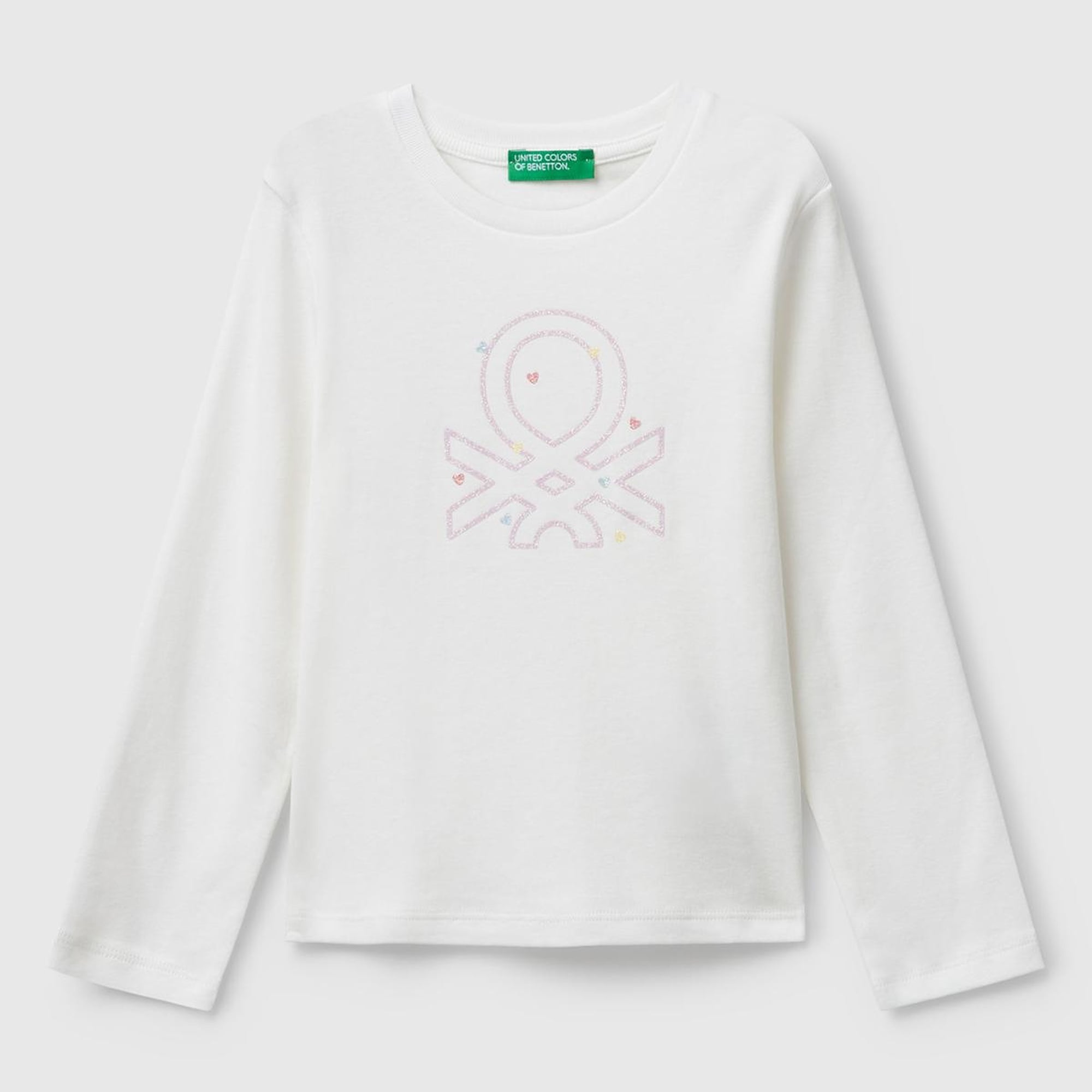 Kız Çocuk Beyaz Önü Parıltılı Logo Baskılı Slim Fit Uzun Kollu T-shirt