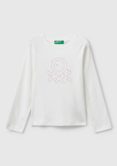  Kız Çocuk Beyaz Önü Parıltılı Logo Baskılı Slim Fit Uzun Kollu T-shirt