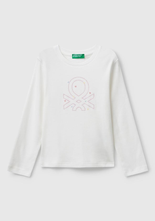  Kız Çocuk Beyaz Önü Parıltılı Logo Baskılı Slim Fit Uzun Kollu T-shirt