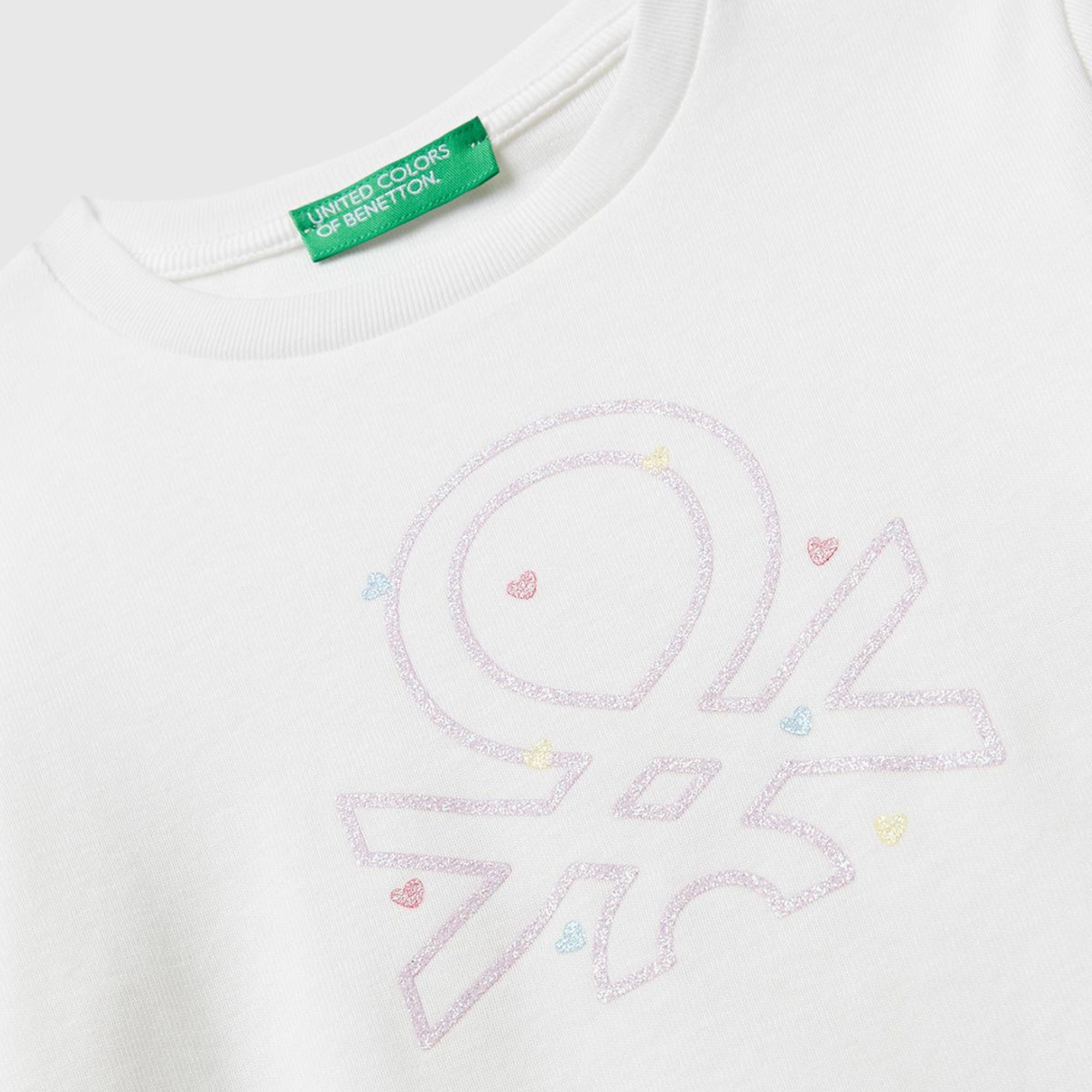 Kız Çocuk Beyaz Önü Parıltılı Logo Baskılı Slim Fit Uzun Kollu T-shirt