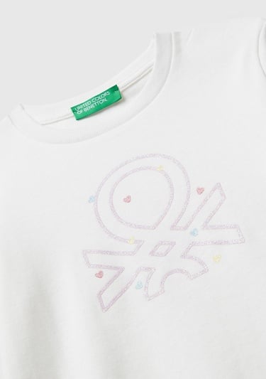  Kız Çocuk Beyaz Önü Parıltılı Logo Baskılı Slim Fit Uzun Kollu T-shirt