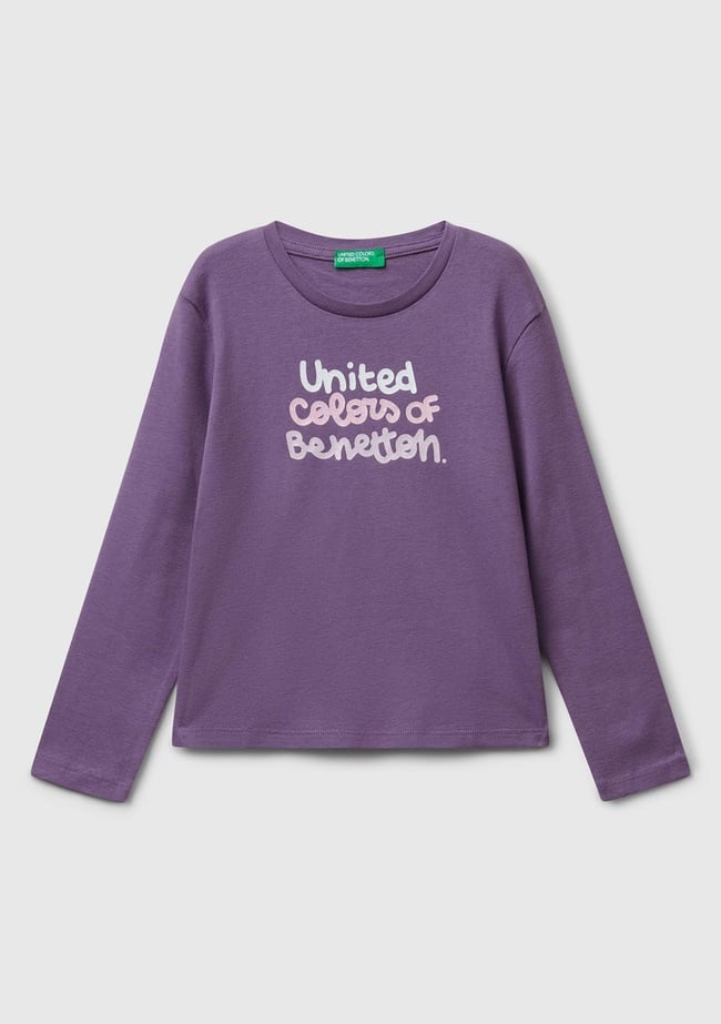  Kız Çocuk Mor Önü Parıltılı Logo Baskılı Slim Fit Uzun Kollu T-shirt