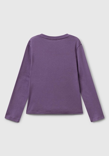  Kız Çocuk Mor Önü Parıltılı Logo Baskılı Slim Fit Uzun Kollu T-shirt