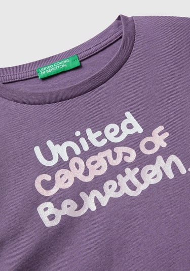  Kız Çocuk Mor Önü Parıltılı Logo Baskılı Slim Fit Uzun Kollu T-shirt