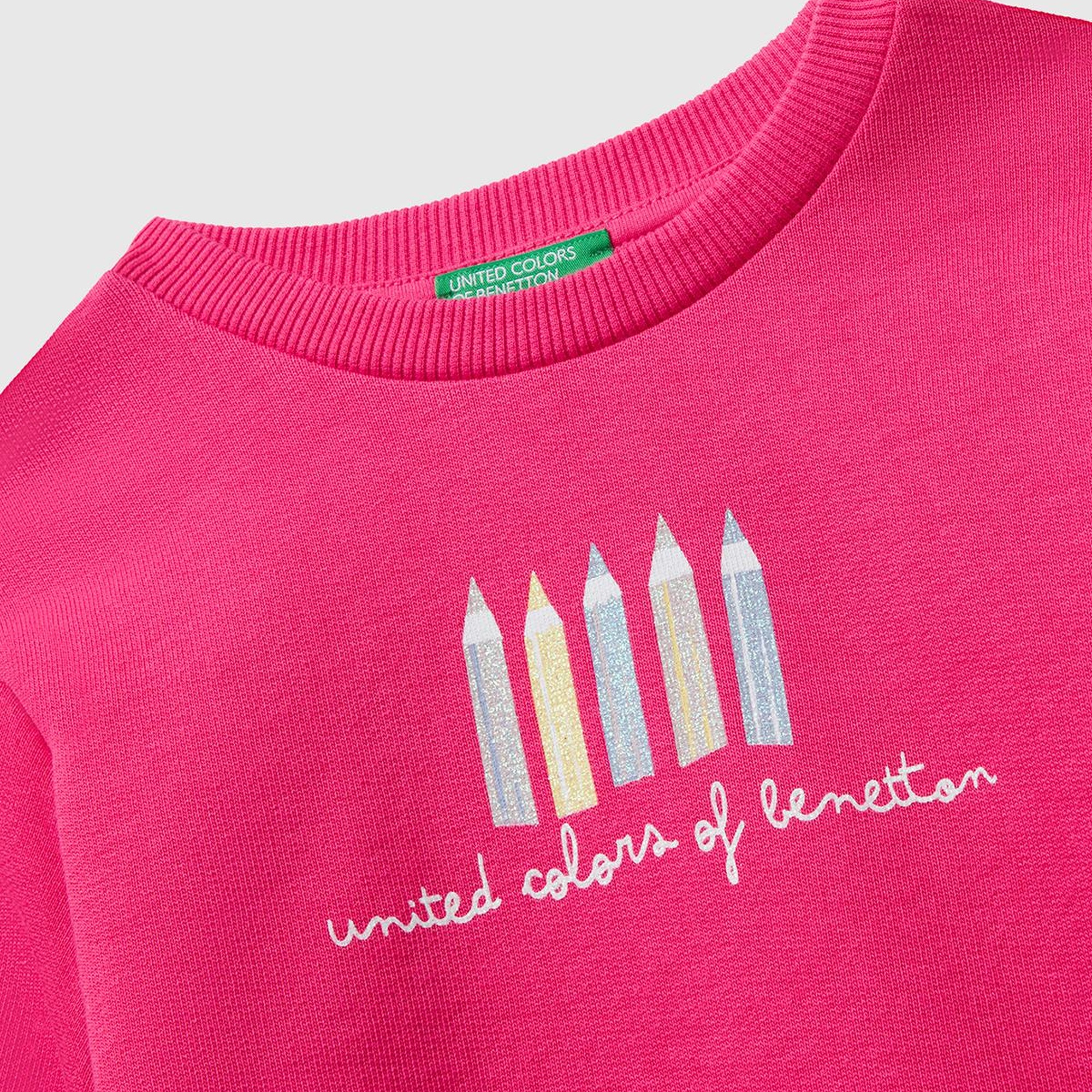 Kız Çocuk Pembe Önü Simli Logo Baskılı Nervürlü Regular Fit Sweatshirt