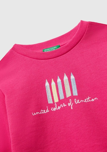  Kız Çocuk Pembe Önü Simli Logo Baskılı Nervürlü Regular Fit Sweatshirt