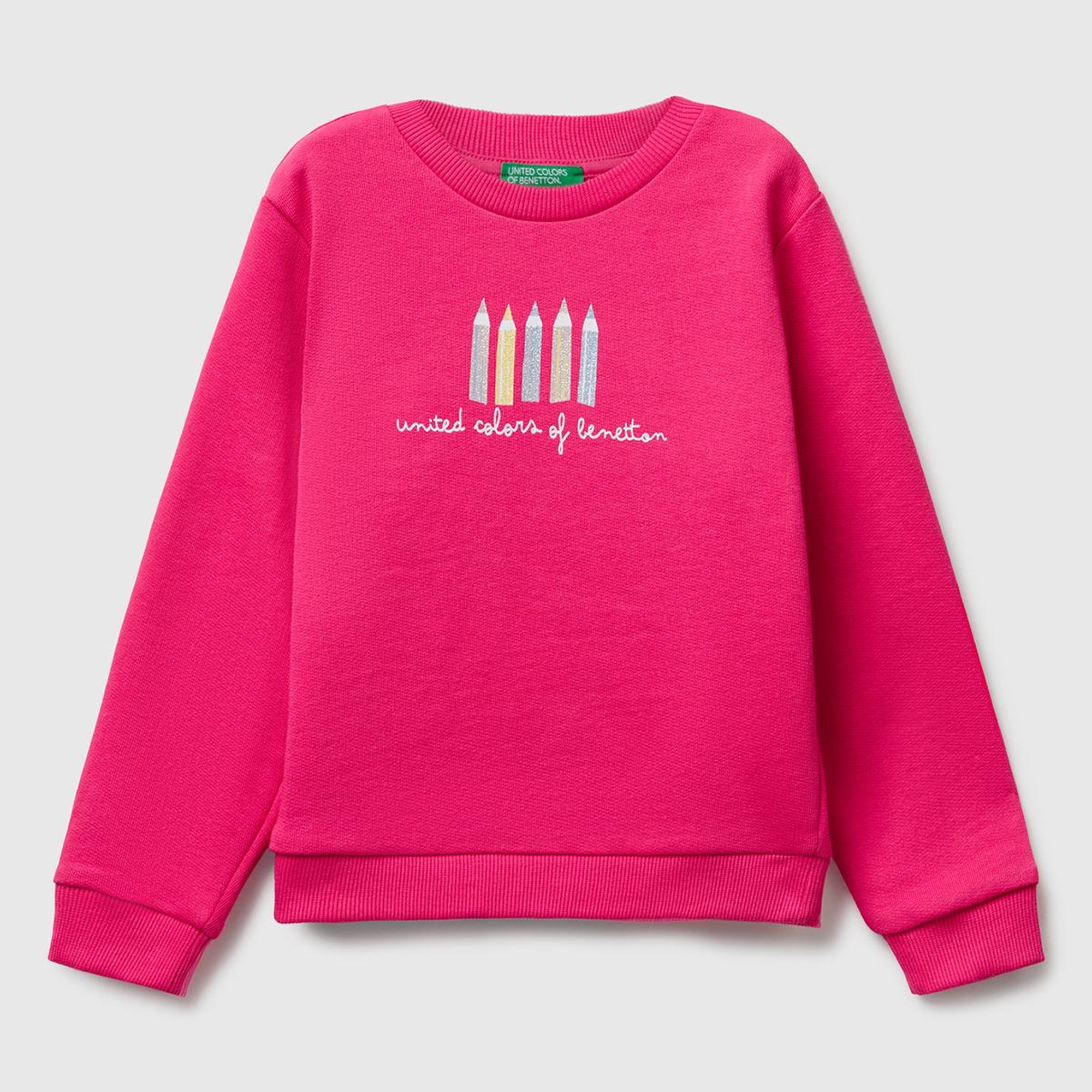 Kız Çocuk Pembe Önü Simli Logo Baskılı Nervürlü Regular Fit Sweatshirt