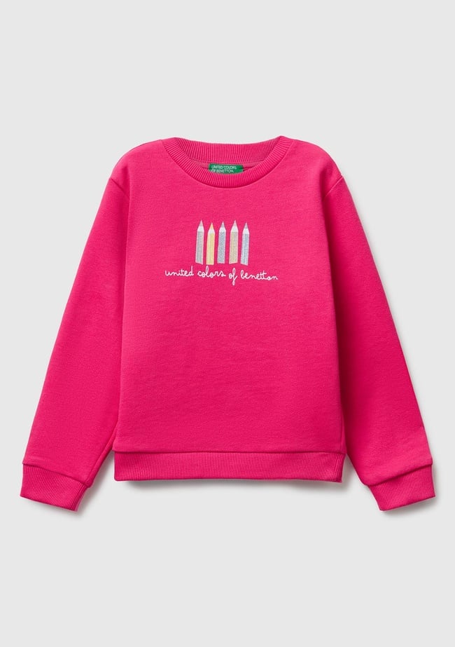  Kız Çocuk Pembe Önü Simli Logo Baskılı Nervürlü Regular Fit Sweatshirt