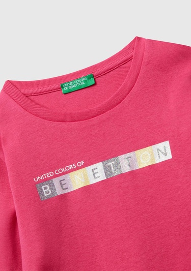  Kız Çocuk Pembe Önü Parıltılı Logo Baskılı Slim Fit Uzun Kollu T-shirt