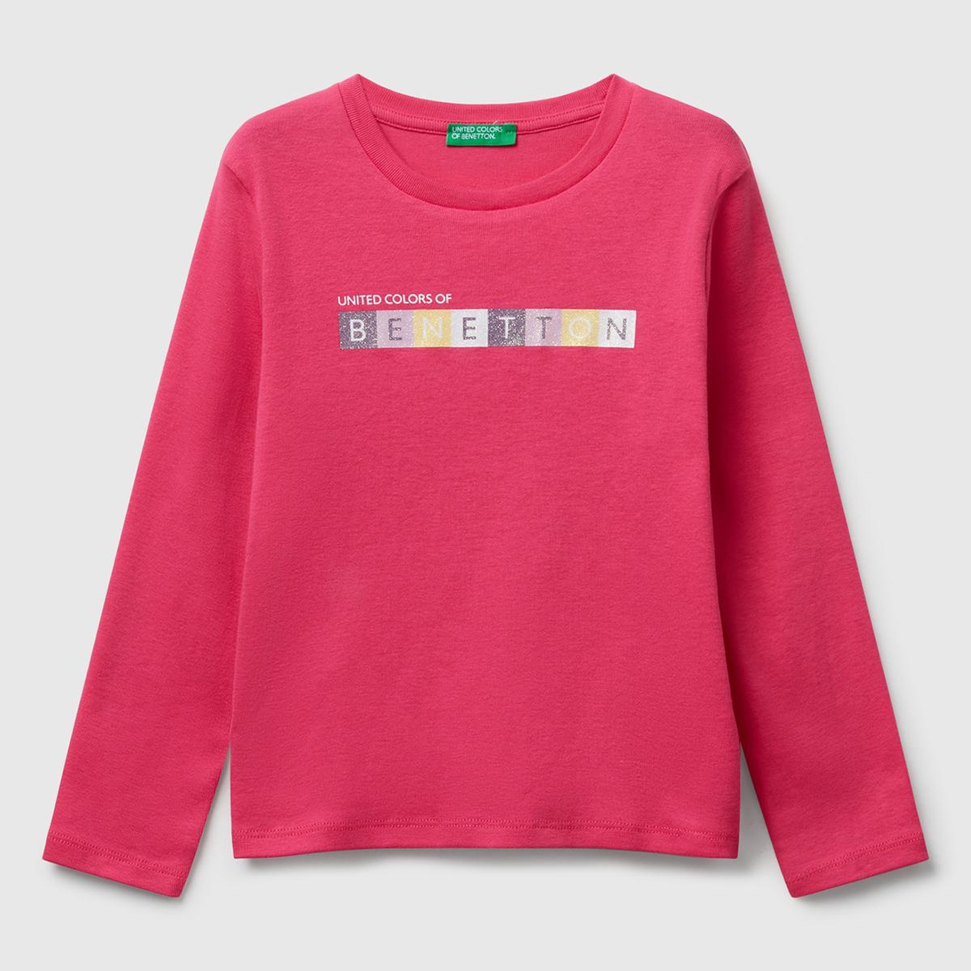 Kız Çocuk Pembe Önü Parıltılı Logo Baskılı Slim Fit Uzun Kollu T-shirt