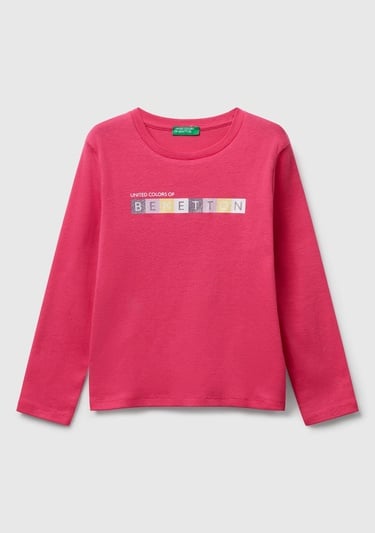  Kız Çocuk Pembe Önü Parıltılı Logo Baskılı Slim Fit Uzun Kollu T-shirt