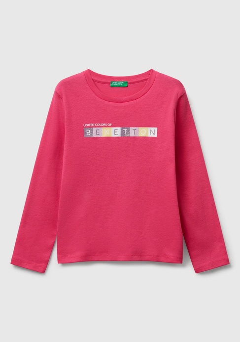  Kız Çocuk Pembe Önü Parıltılı Logo Baskılı Slim Fit Uzun Kollu T-shirt